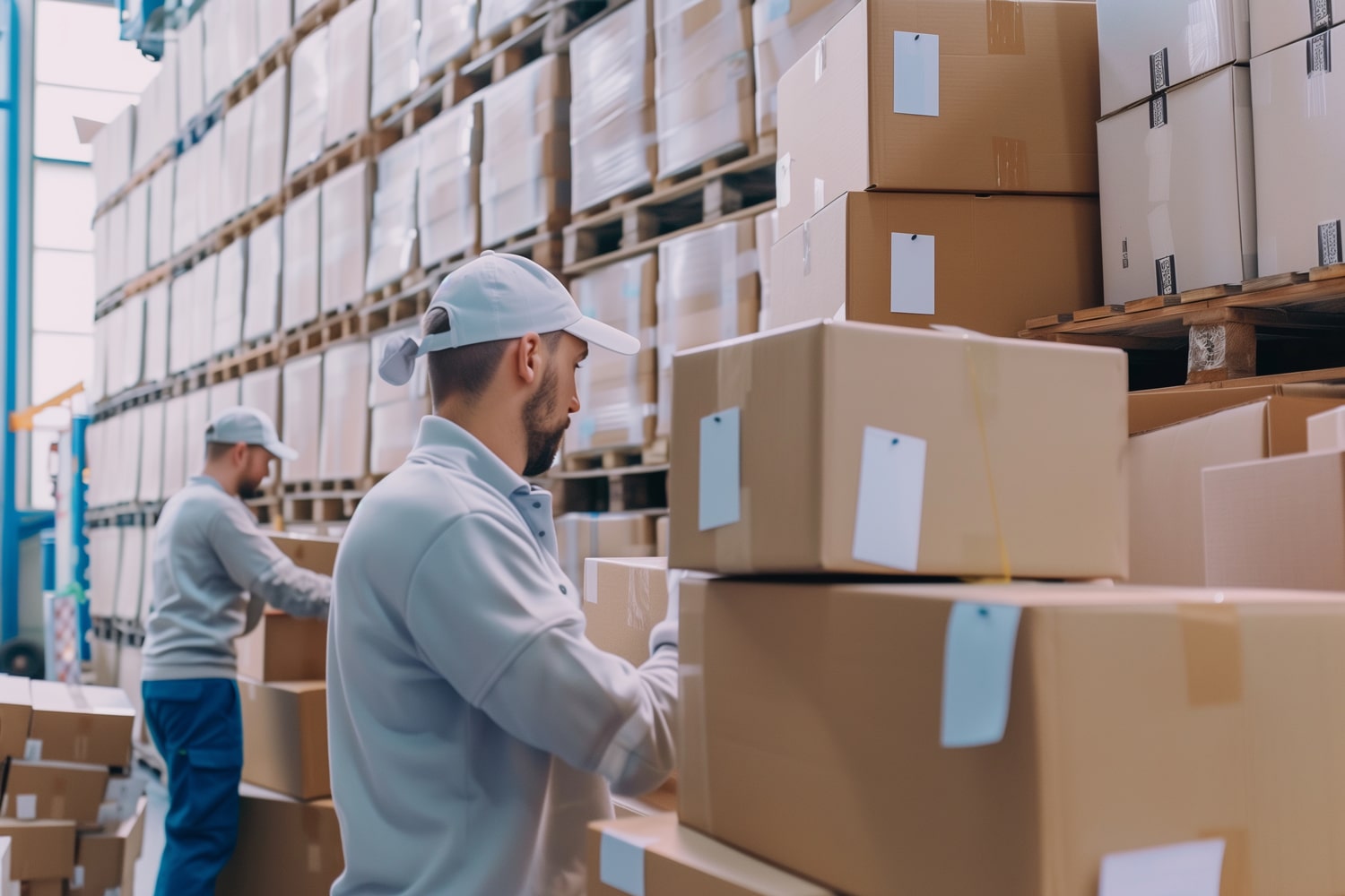 man in a warehouse moving boxes of product for delivery